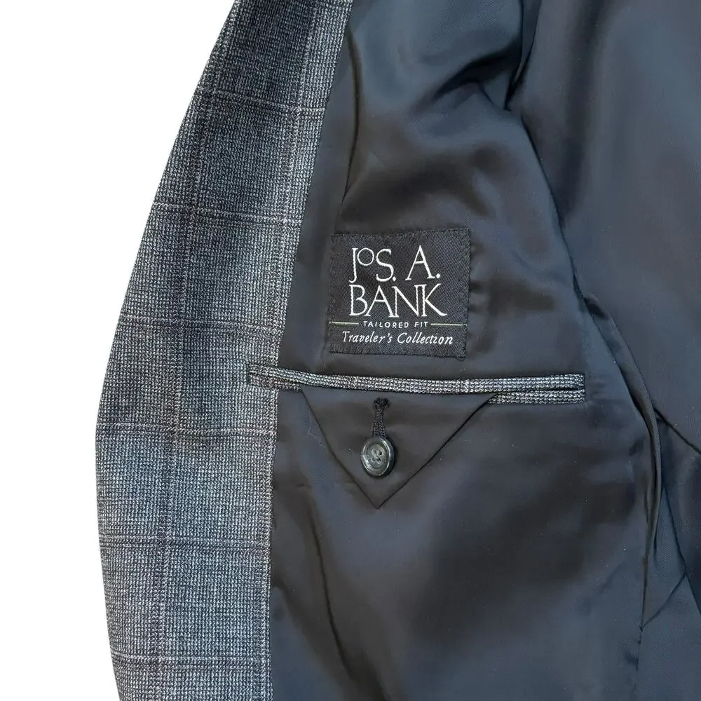 Jos. A. Bank Travelers Wool Sport Coat 40L Gray Wine Windowpane Plaid